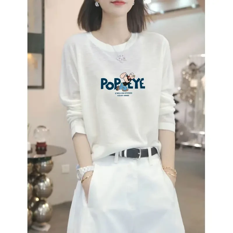 白色圆领棉质t恤春秋冬女长袖新款时尚百搭慵懒内搭上衣打底衫ins