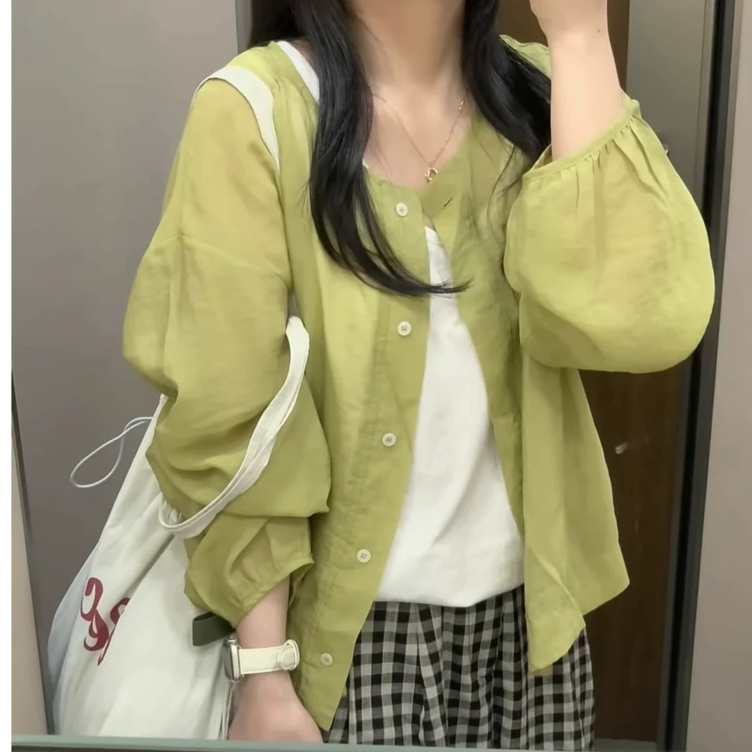 绿色薄款天丝长袖上衣女夏季新款宽松百搭单排扣罩衫防晒外套ins