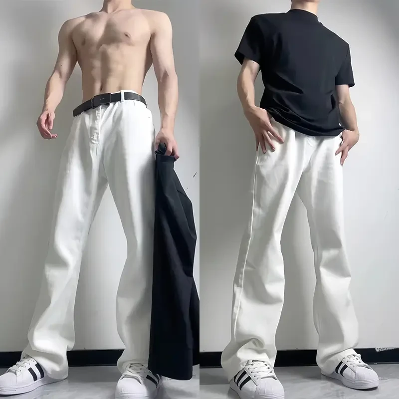 纯白色弯刀高腰牛仔裤男夏季薄款美式vibe系皮带裤子加长版微喇裤