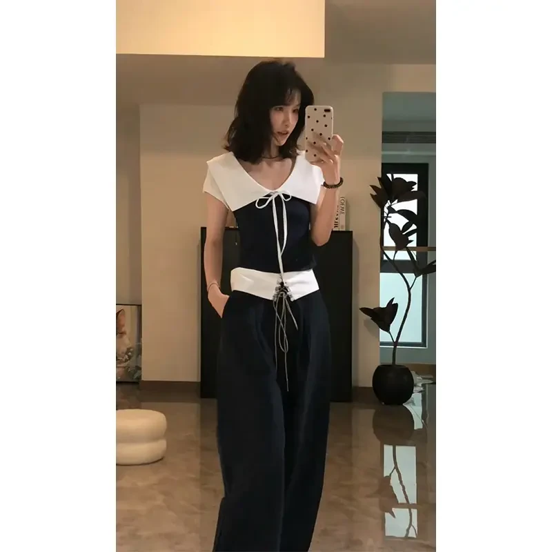 韩系穿搭一整套娃娃领系带短袖上衣女设计感高腰休闲抽绳阔腿长裤