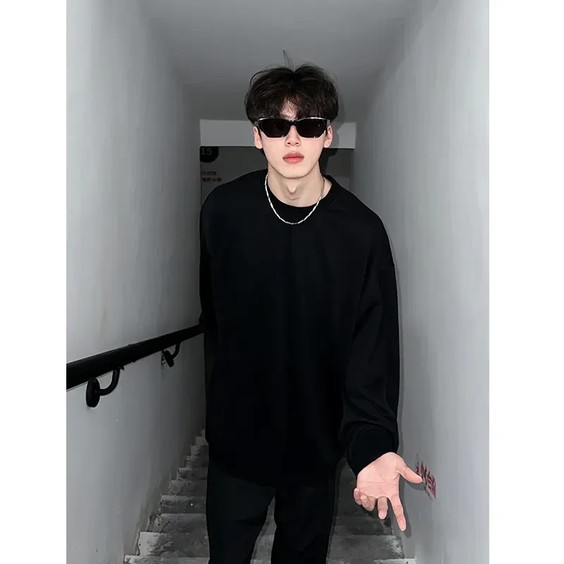 美式正肩黑色长袖T恤男纯棉重磅圆领春秋cleanfit叠穿内搭打底衫