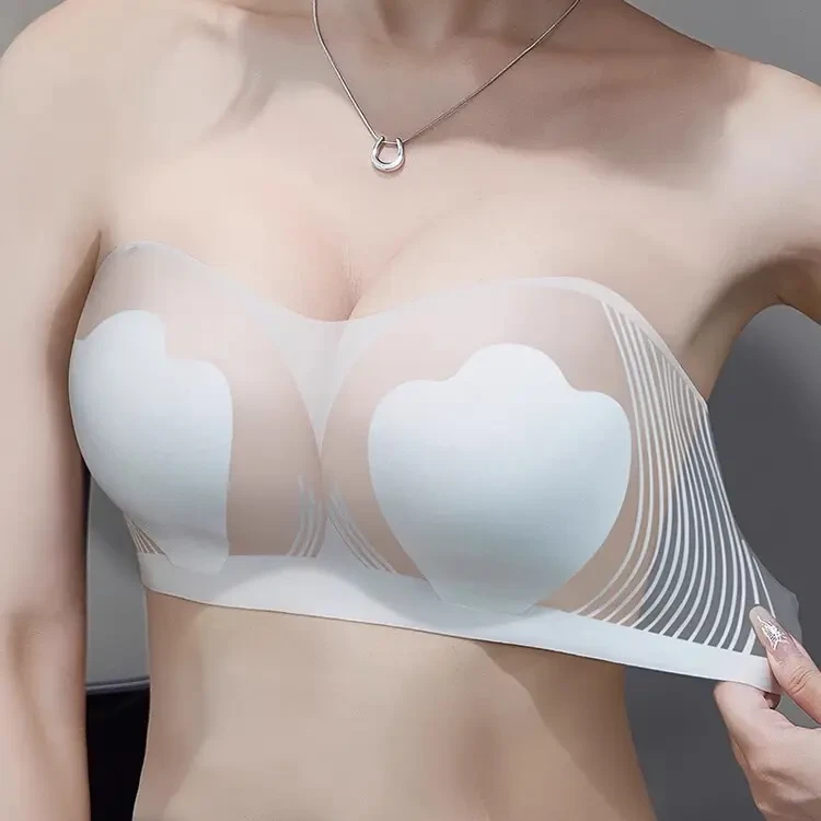 夏天超薄款内衣女无肩带大胸显小防滑聚拢大码冰丝兔耳杯裹胸文胸