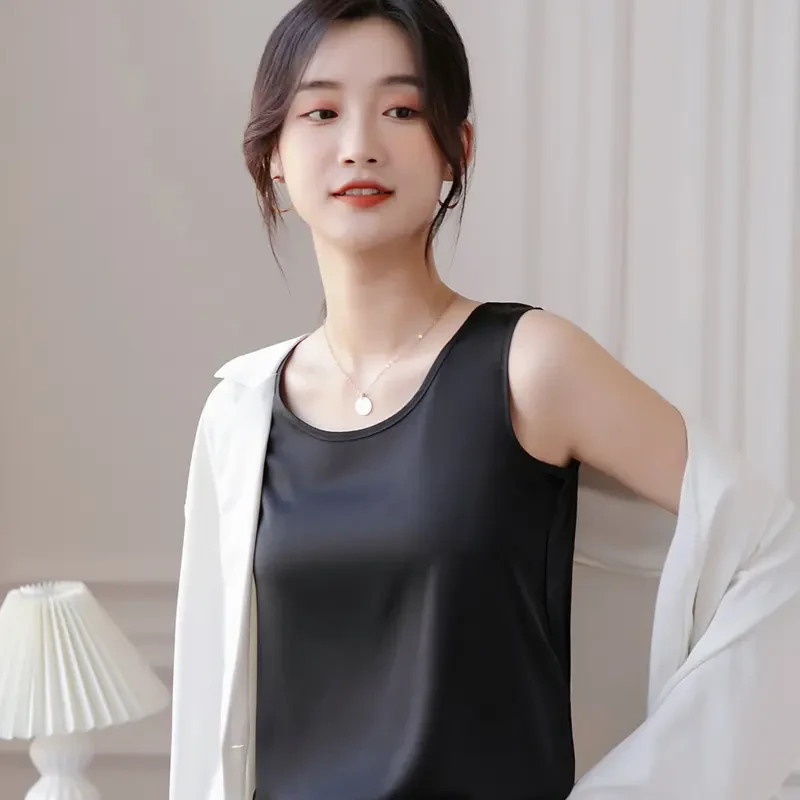 春夏季冰丝吊带背心女打底西装内搭醋酸宽松缎面时尚百搭无袖t恤