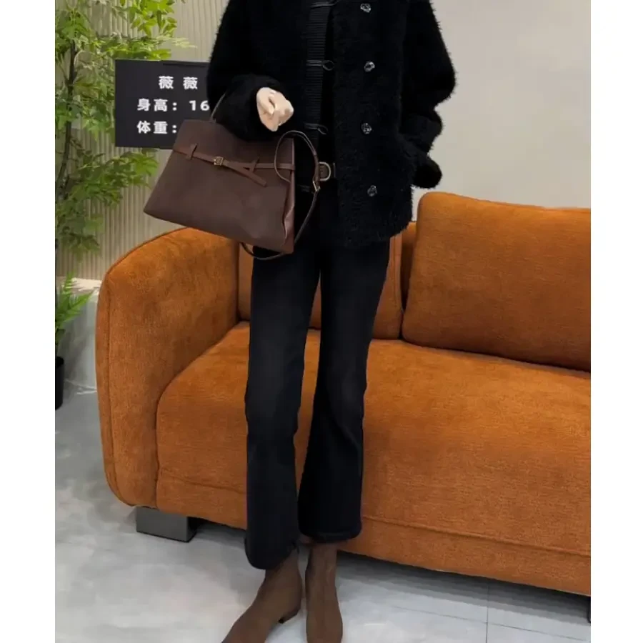 黑灰小个子微喇牛仔裤女秋冬加绒高腰百搭弹力显瘦修身九分喇叭裤