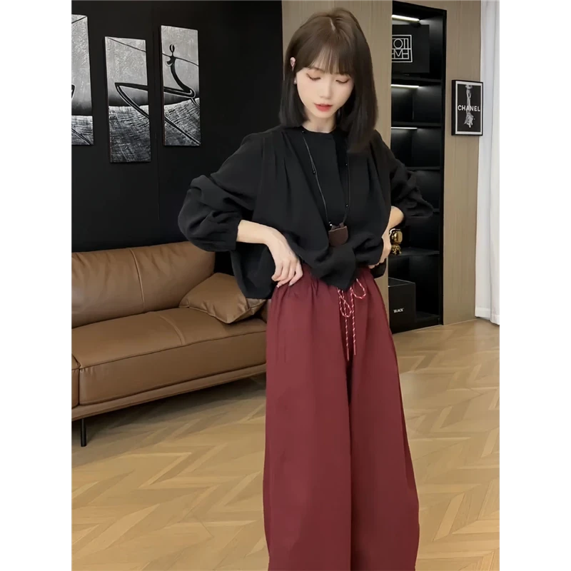 独特漂亮套装小个子2025秋季新款黑色圆领短款长袖衬衫高腰休闲裤