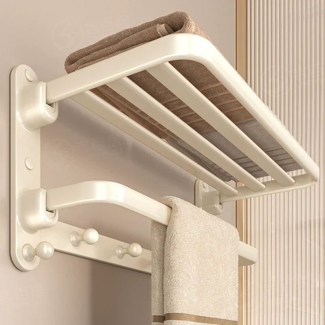 吉百居奶油风毛巾架浴室置物架卫生间浴室太空铝可折叠浴巾架厕所