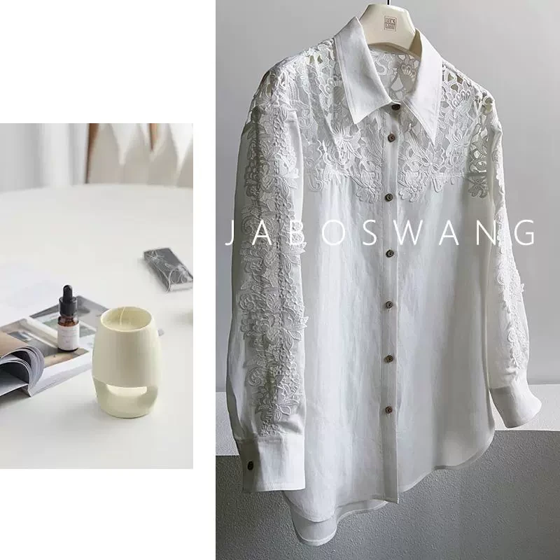S812镂空花朵衬衫白衬衫女欧货春新中长款镂空上衣百搭显瘦