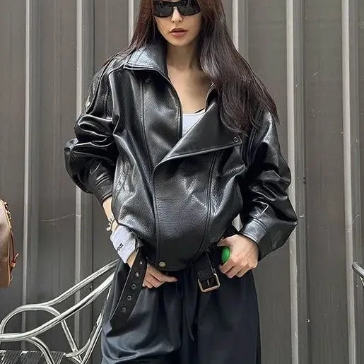 进口小羊羔泡皮外套2025秋季新款复古宽松PU皮机车皮夹克男女款