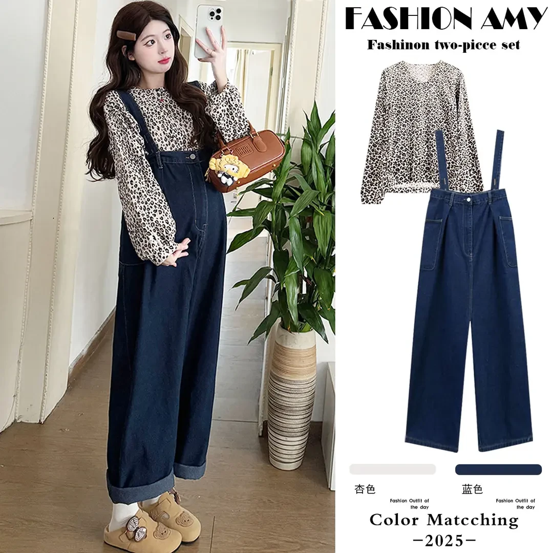 孕妇套装春装新款时尚韩版气质高级感豹纹衬衫宽松休闲牛仔背带裤