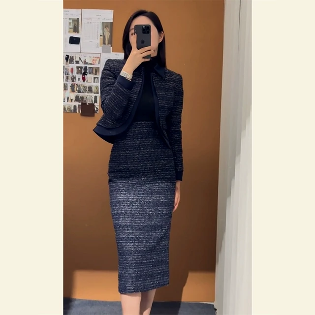 初冬穿搭干练气质冷淡系高级感厅里厅气小香风蓝色西装连衣裙套装