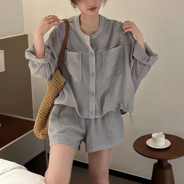 夏季新圆领宽松长袖防晒衫短裤套装女抽绳显瘦两件套