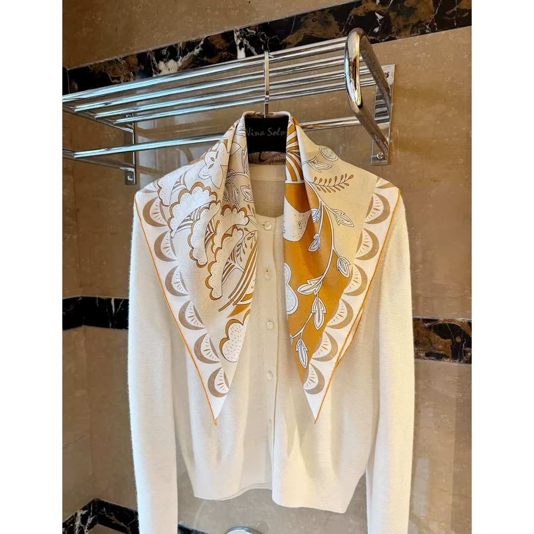 NINASOLOR喜鹊枝头奶茶橘色烟花提花丝巾秋冬披肩百搭洋气外搭