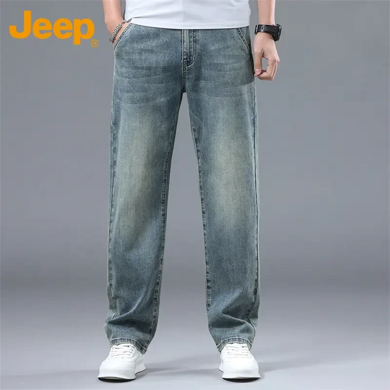 Jeep吉普牛仔裤男士大码直筒垂感百搭夏季休闲薄款透气弹力裤子男