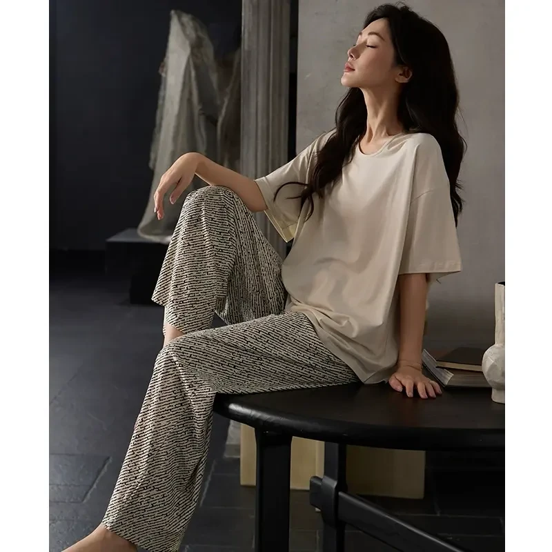 睡衣女莫代尔条纹韩版短袖长裤薄款高级感夏天外穿女士家居服套装