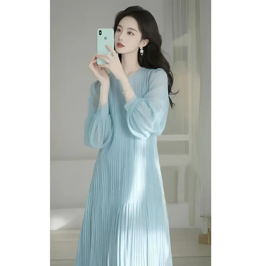 4161气质名媛女神范长裙高端精致高级感超好看温柔风蓝色连衣裙春