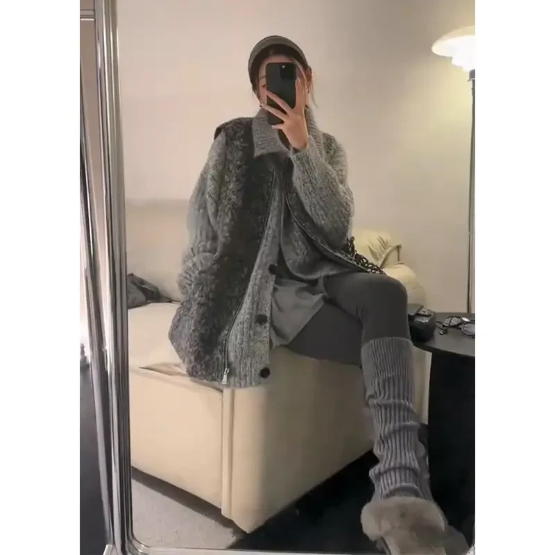 2025早秋新款韩系穿搭修身拉链马甲背心百搭宽松翻领长袖毛衣外套