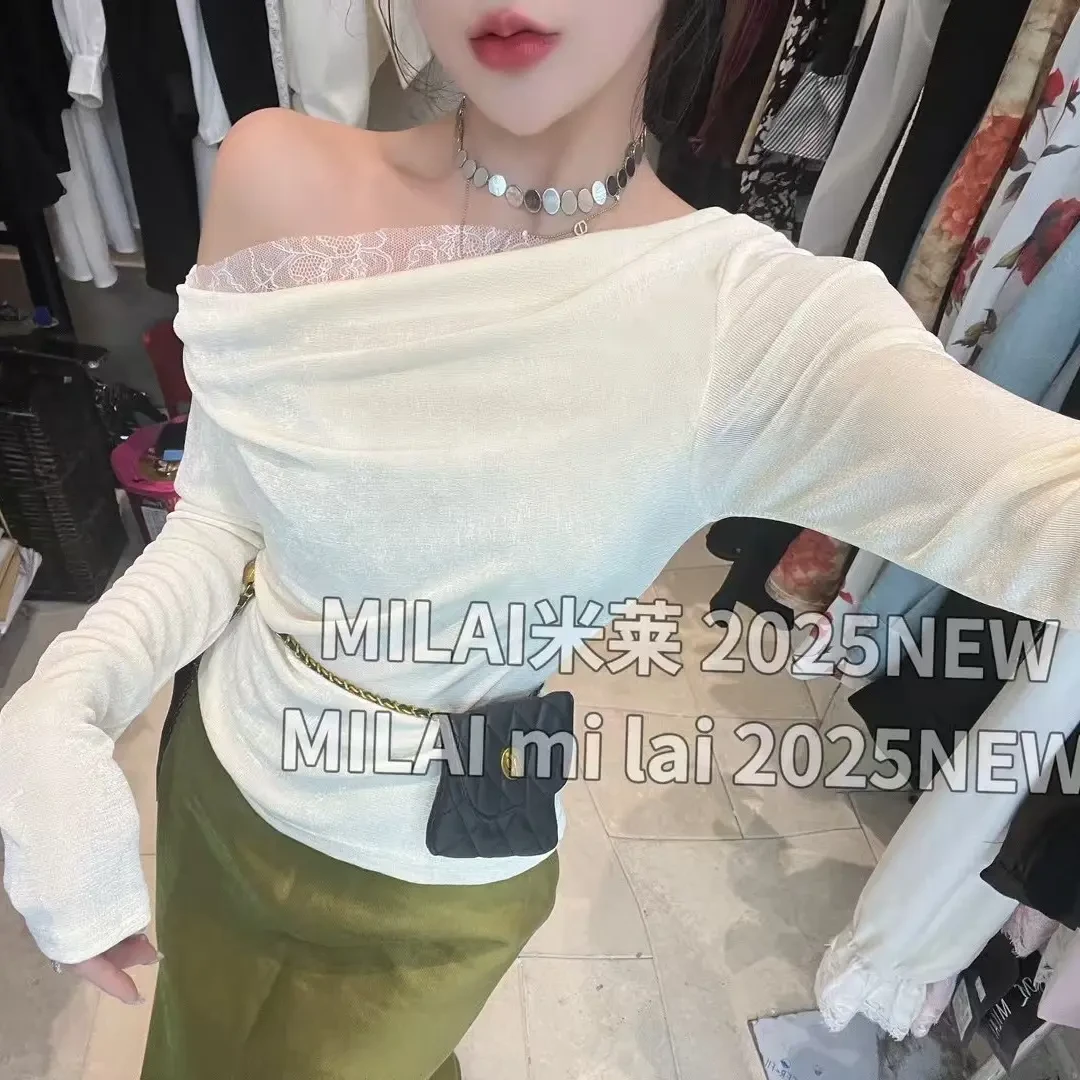 春季纯欲斜肩长袖女春季修身内搭短款露肩显瘦时尚百搭气质