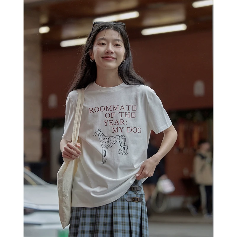 【1.19清清】觅定白色印花圆领短t美式复古宽松韩系上衣DS9980