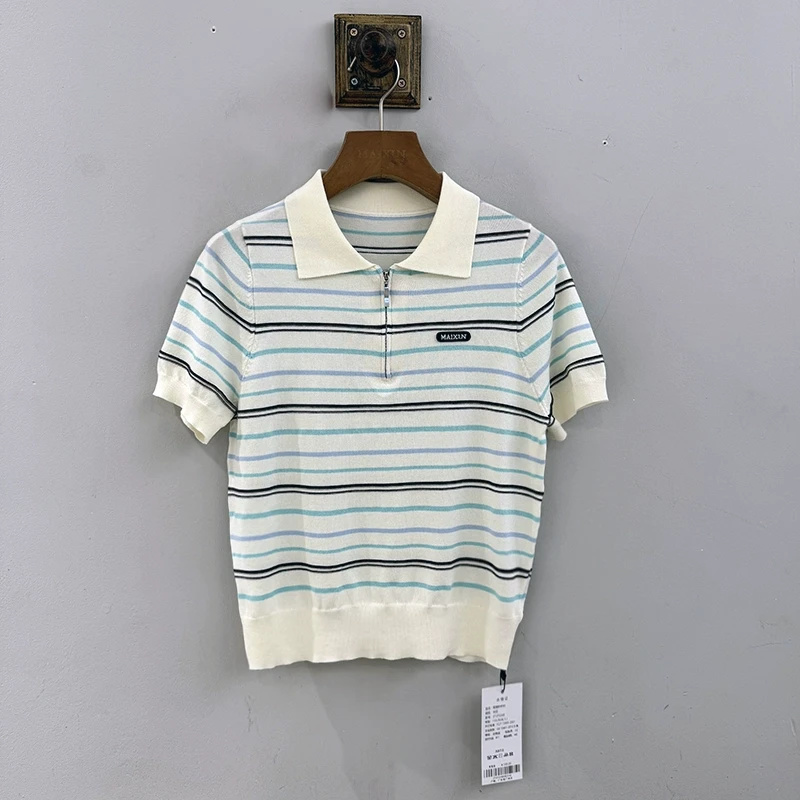 ZTSFS04B麦寻2025夏气质通勤百搭翻领针织条纹短袖T恤简约上衣女