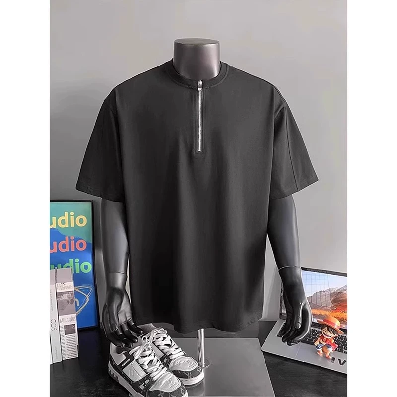 加大码300斤cleanfit半拉链正肩短袖男款重磅t恤美式休闲百搭上衣