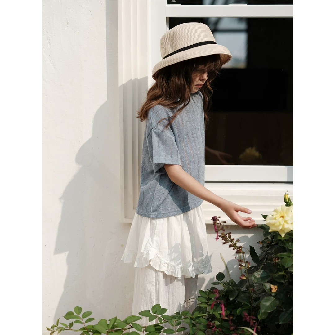 史豌豆女童镂空设计感短袖上衣 Y4306