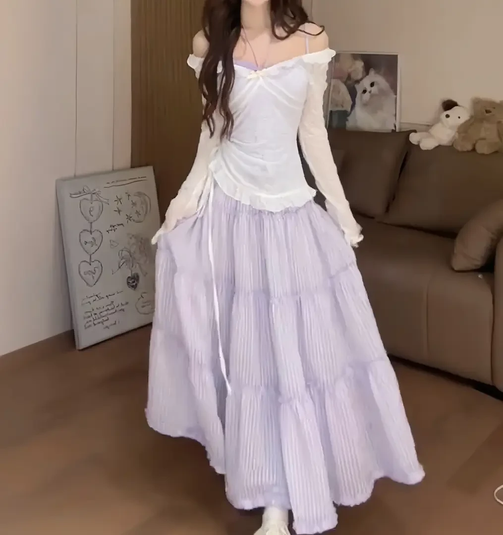 香芋奶昔 夏季温柔宽松长袖罩衫吊带罩衫上衣吊带半身裙三件套女