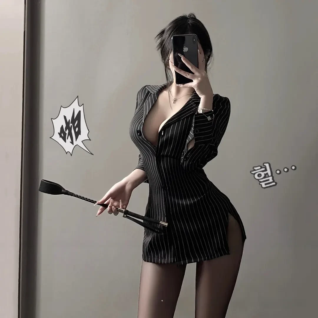 情趣内衣显瘦性感秘书制服纯欲条纹衬衫套装诱惑睡衣qqny夏季