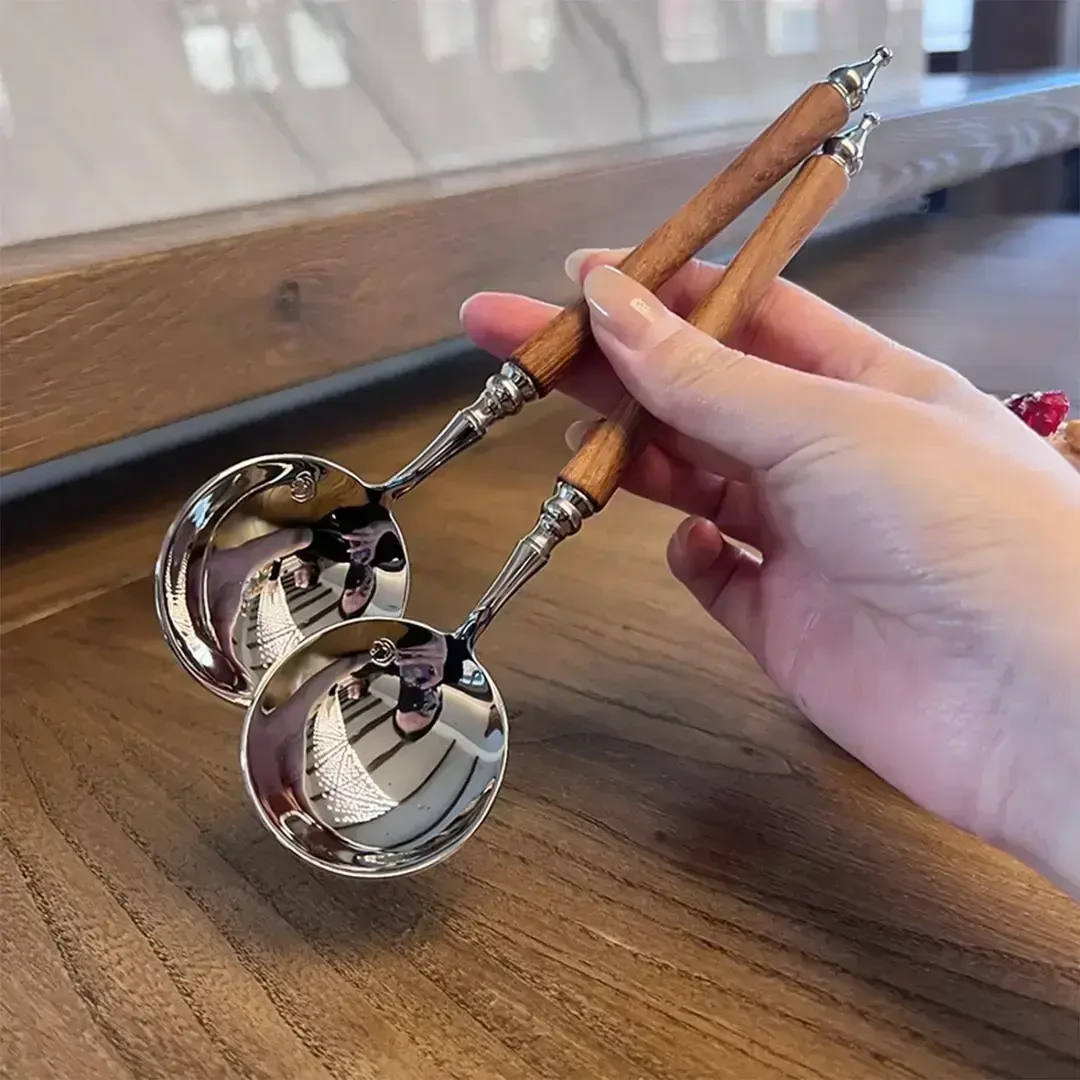 创意勺子餐具搅拌勺可爱复古长柄吃饭勺子干饭勺子高端仿梨花木把