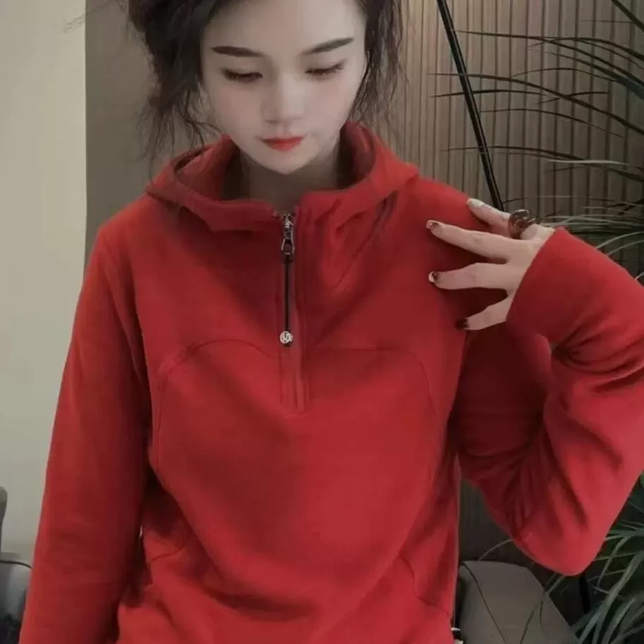 高品双面德绒连帽卫衣女冬季2024新款爆款宽松百搭半拉链打底帽衫
