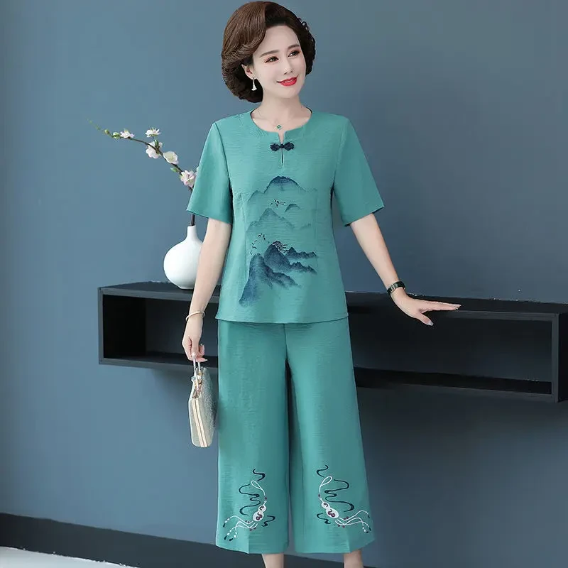 夏装中老年妈妈套装新款洋气50到60岁女装短袖宽松两件套送妈妈