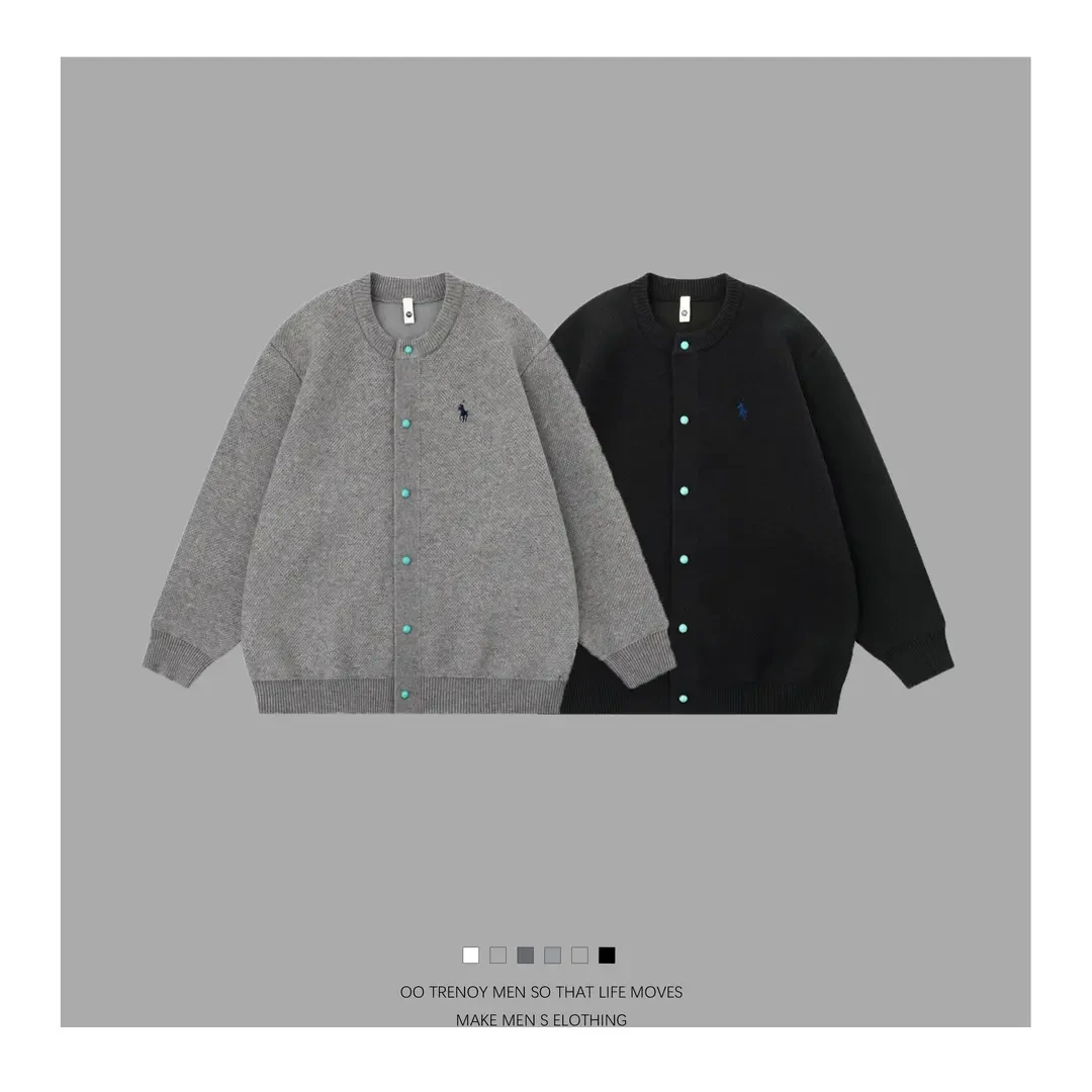 春季新款重磅潮流日系百搭开衫毛衣复古纯色圆领男女同款毛衣外套