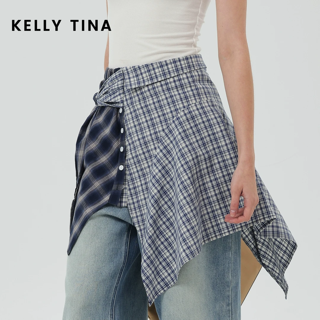 KELLY TINA不规则拼接格子半身裙女小众叠穿衬衫屁帘短裙2025新款