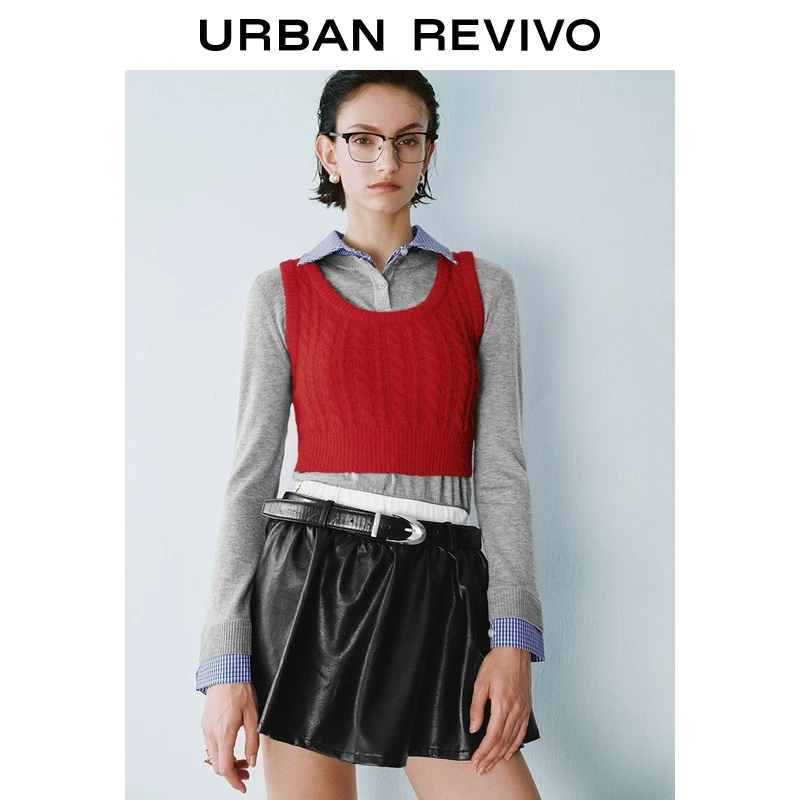 UR2025春季新品女装欧若风慵懒绞花肌理感红色针织衫UYU950024