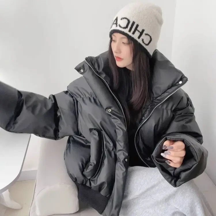 大码胖MM秋冬短外套加厚女士冬季加厚PU皮面包服美式短款保暖外套