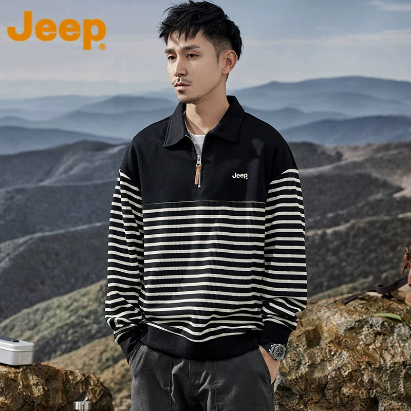 JEEP吉普条纹长袖半拉链翻领卫衣男2025春季新款潮流时尚套头上衣