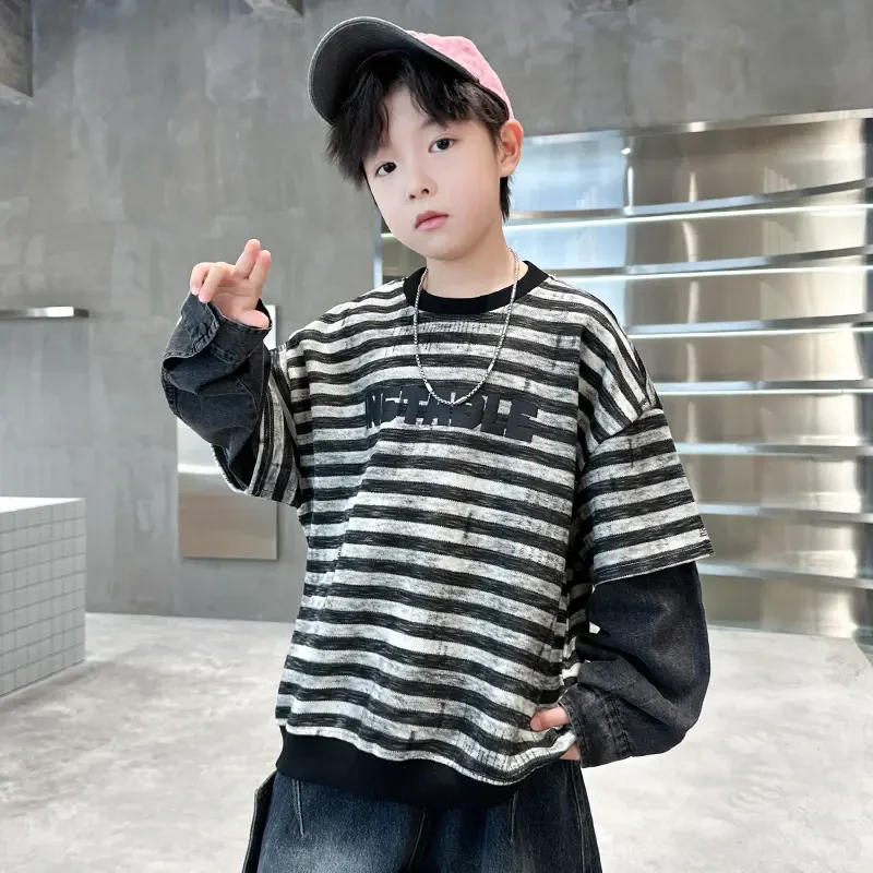 男童春秋款黑色条纹打底衫2025新款中大童宽松休闲卫衣假两件上衣