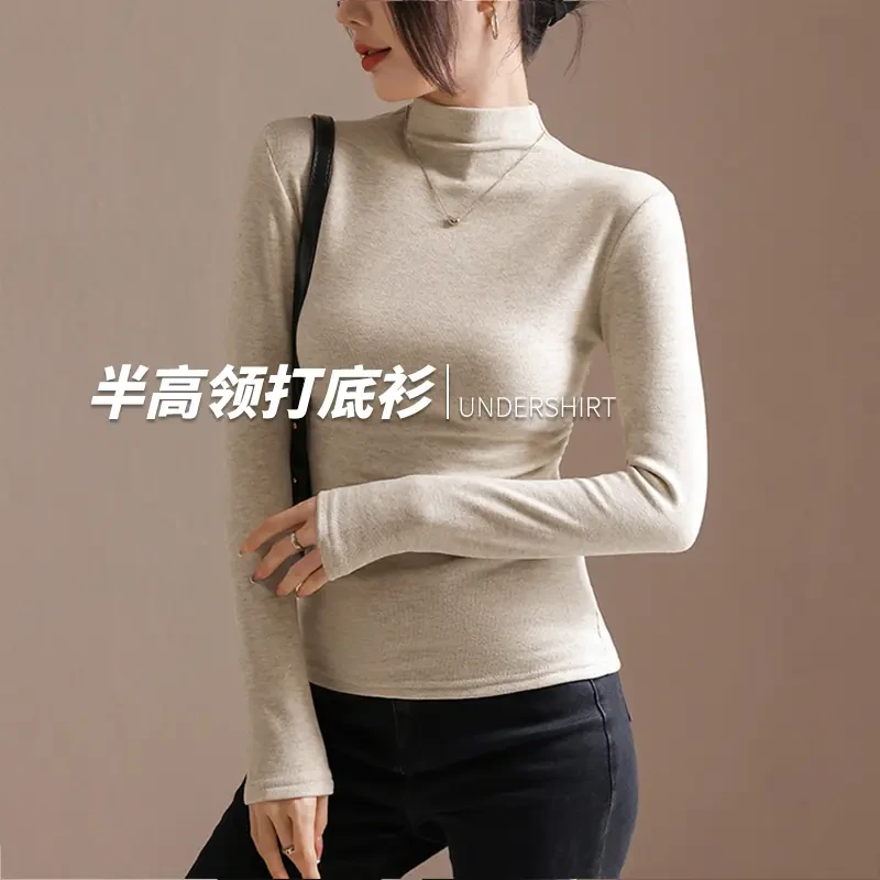 千朔初春新款显瘦舒适百搭设计感抽褶保暖长袖女内搭半高领打底衫