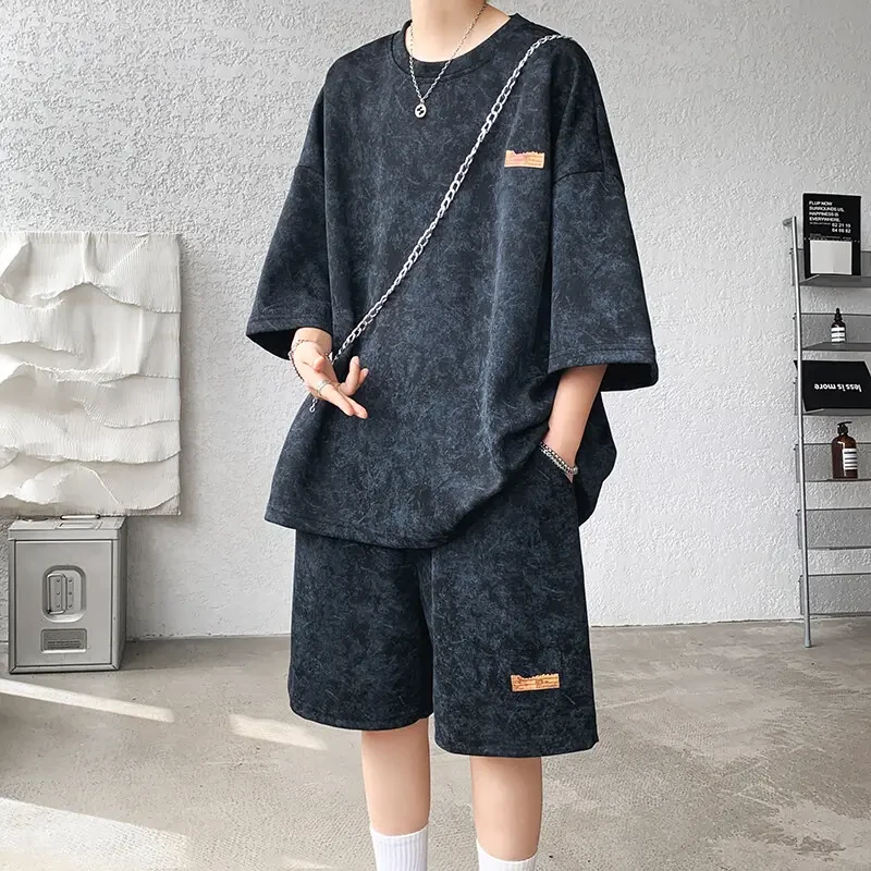 扎染男士青少年套装夏天2025夏季新款宽松运动时尚两件套薄