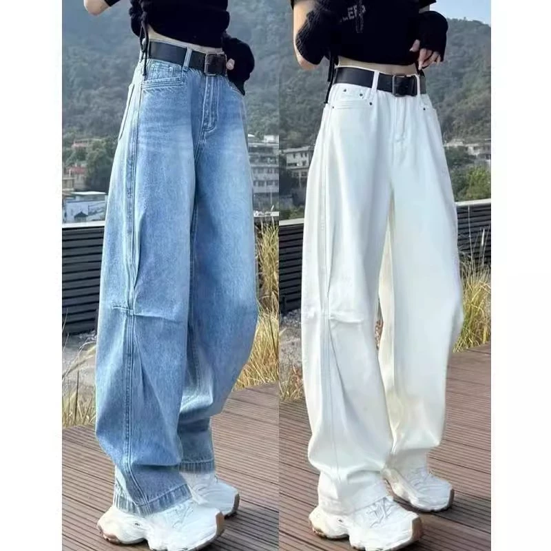 【4495】浅蓝色镰刀设计牛仔裤女新款宽松显瘦弯刀褶皱阔腿长裤子