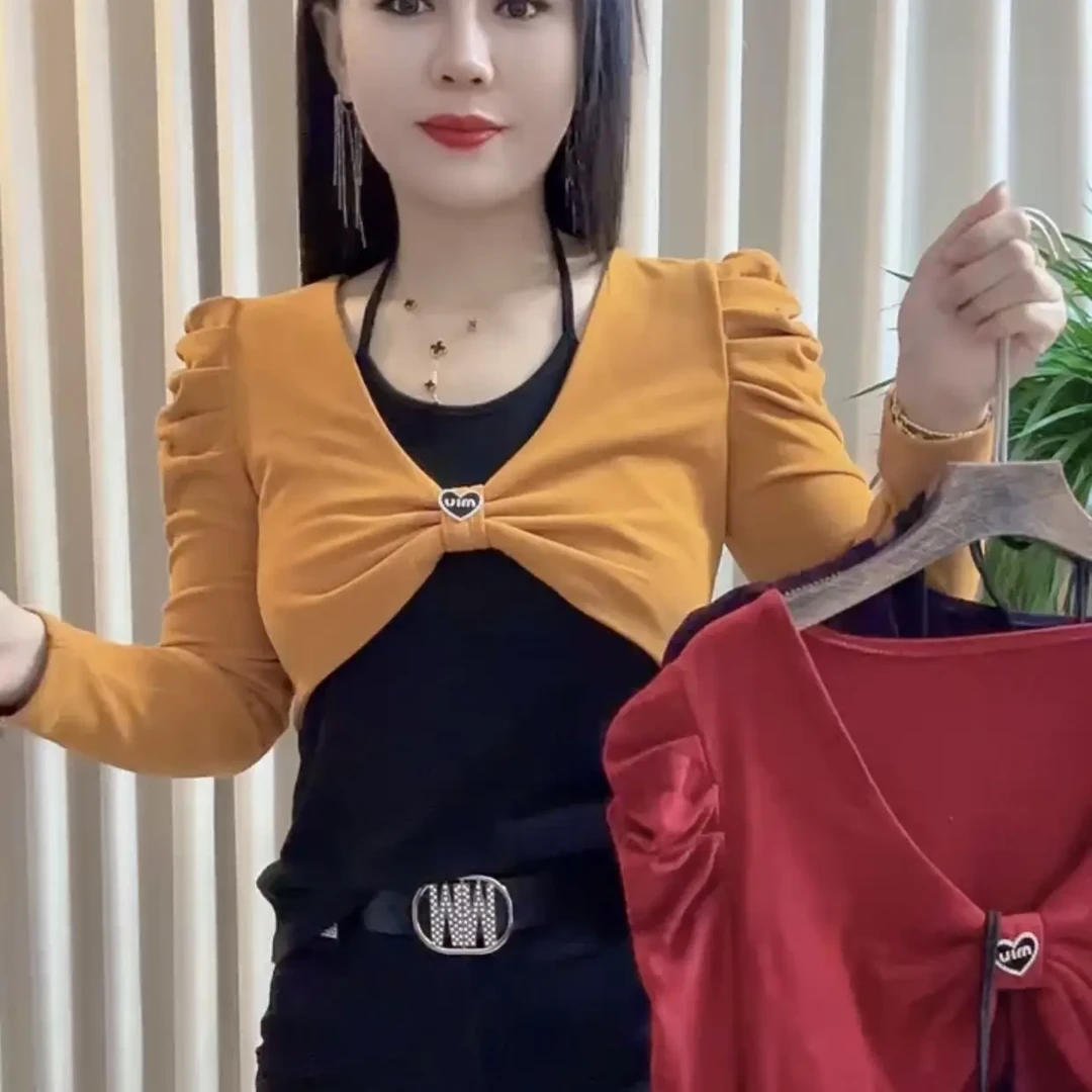 蝴蝶结圆领磨毛长袖小衫时尚百搭修身女T恤泡泡肩假两件绑带上衣