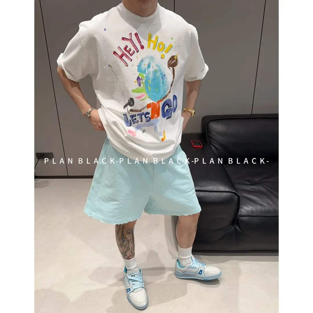 大码300斤设计感手绘印花短袖T恤男夏季2025新款韩版潮流半袖上衣