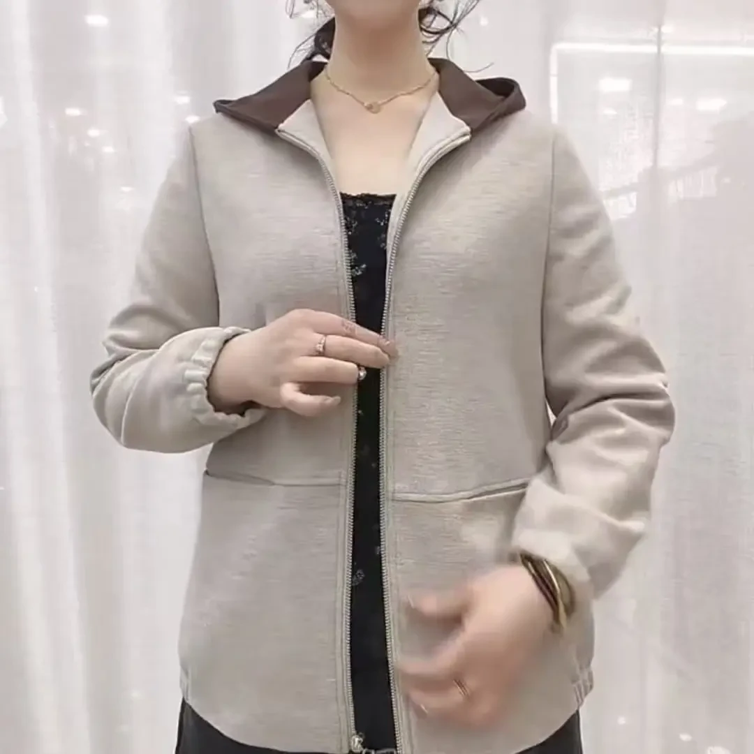 中老年女装连帽短款拼色夹克洋气妈妈装外套休闲百搭上衣春秋