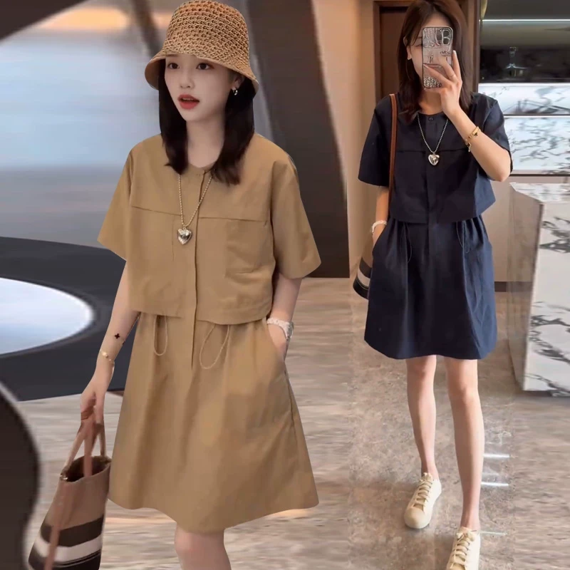2025年夏季新款小个子假两件工装连衣裙女休闲抽绳收腰显瘦A字裙