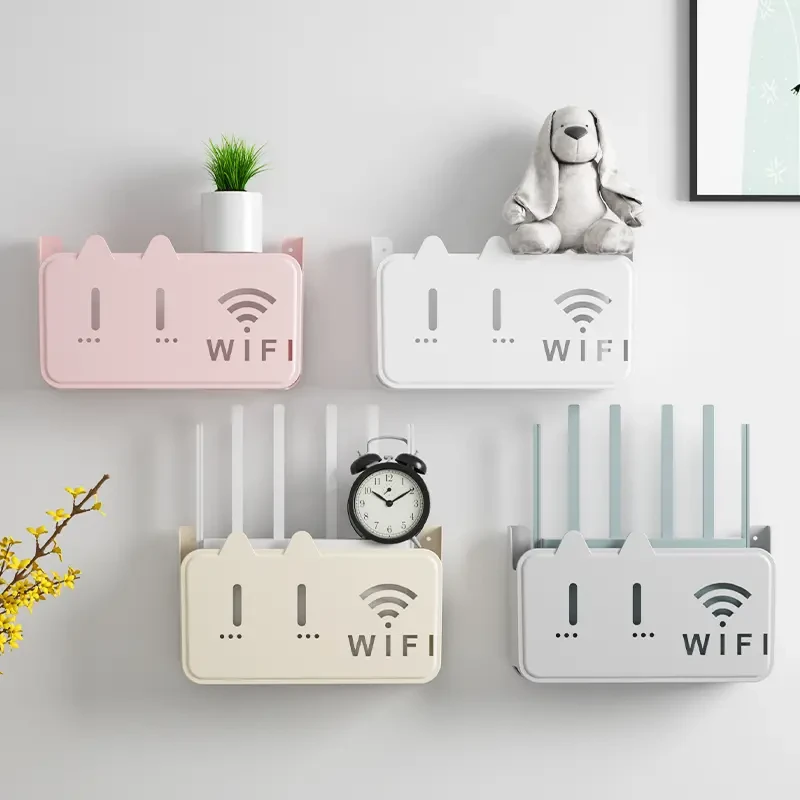 卡通路由器置物架无线wifi电视机顶盒放置架壁挂式免打孔收纳盒子