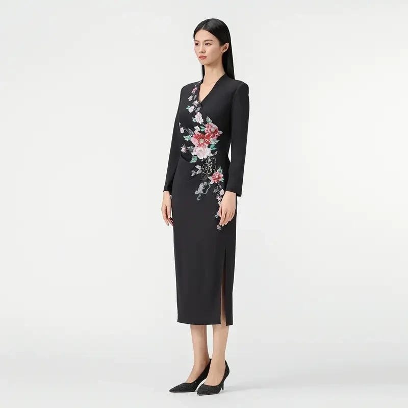 【暗夜牡丹】SUSSI/古色25春新品商场同款印花前开衩中长连衣裙显瘦