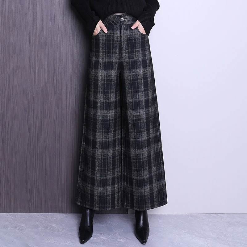 阔腿裤加厚毛呢格子秋冬季高腰垂坠感显瘦小个子裙裤九分裤PU皮裤