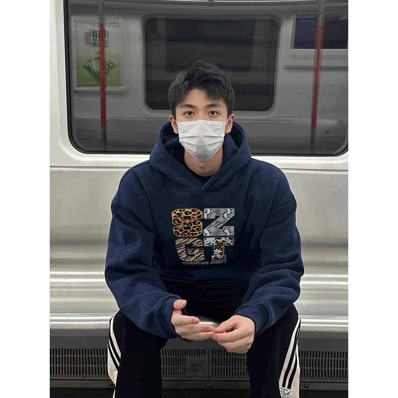 藏青色美式复古民族风连帽卫衣男春秋冬内搭长袖套头宽松上衣外套