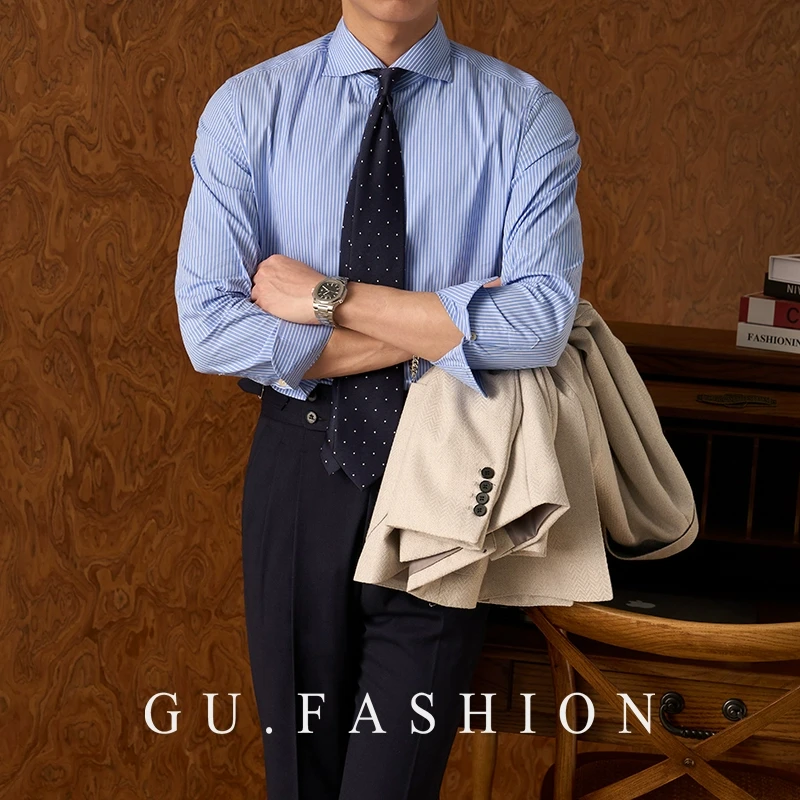 GU FASHION免烫易打理精梳棉混纺条纹衬衫男士修身温莎领百搭衬衣