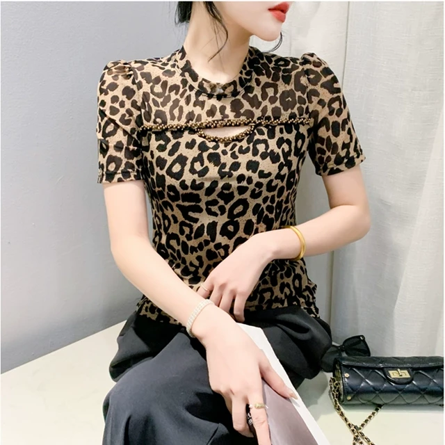性感网纱豹纹T恤女短袖时尚夏季镂空手工钉珠上衣修身百搭小衫潮