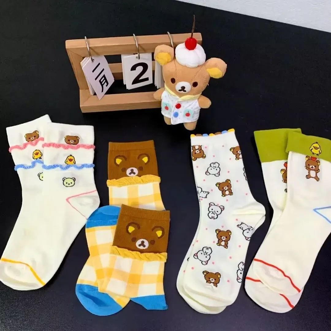 春夏新款创意卡通轻松熊可爱日系小熊女袜学院风甜美糖果色中筒FK